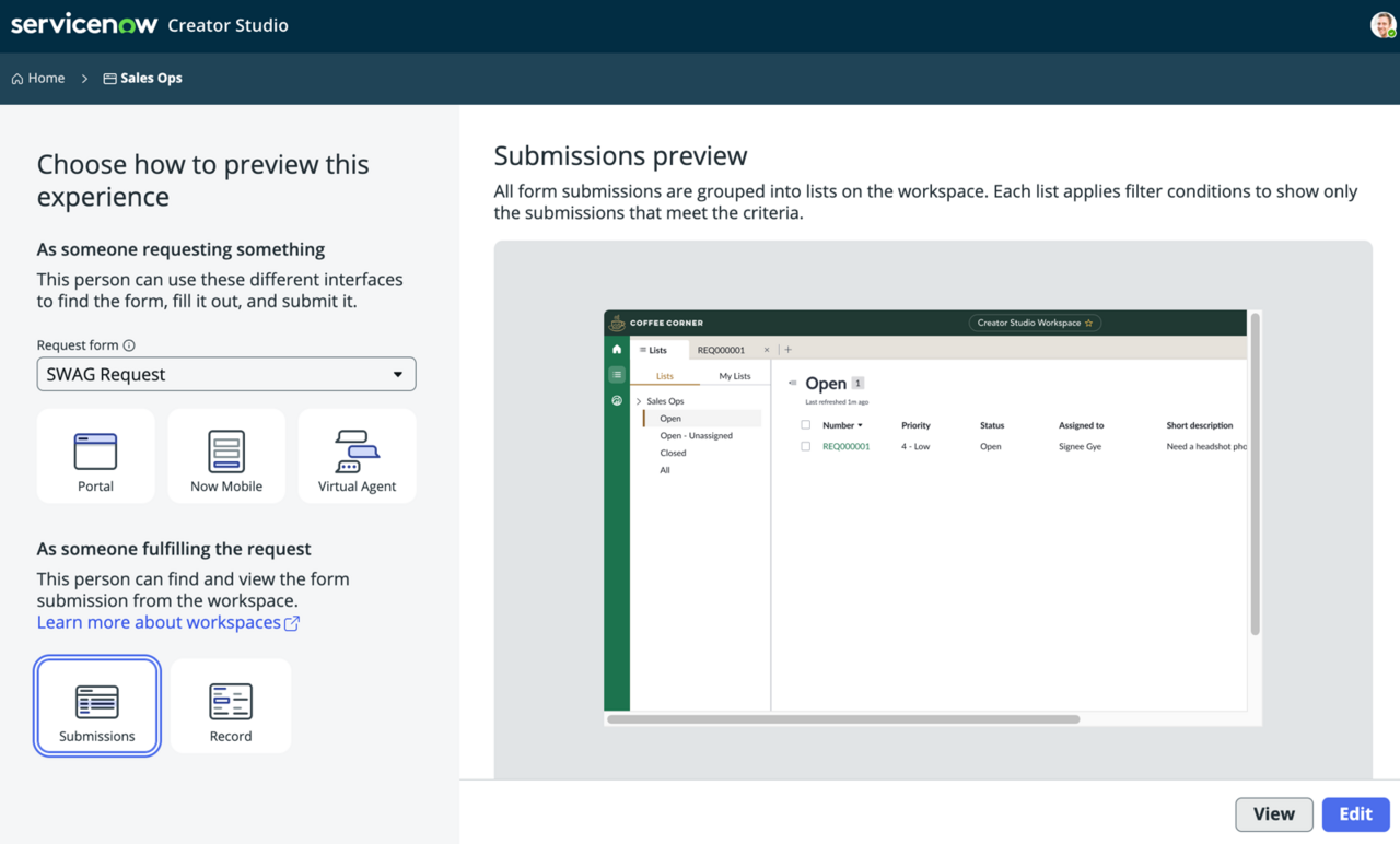 Form submissions workspace