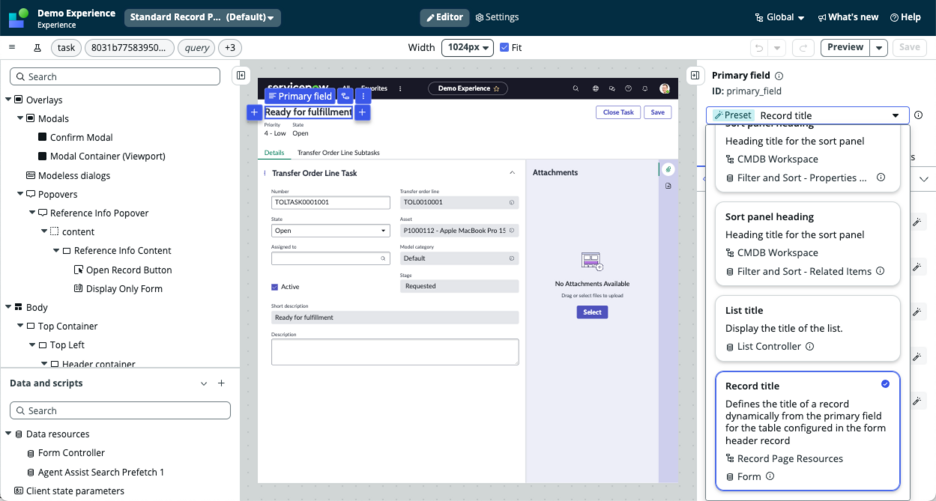 Heading component properties configured by a preset.