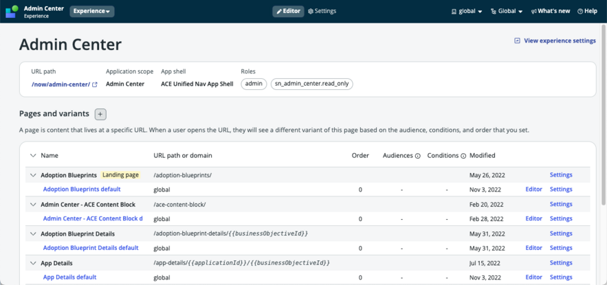 Experience view for the Admin Center experience.