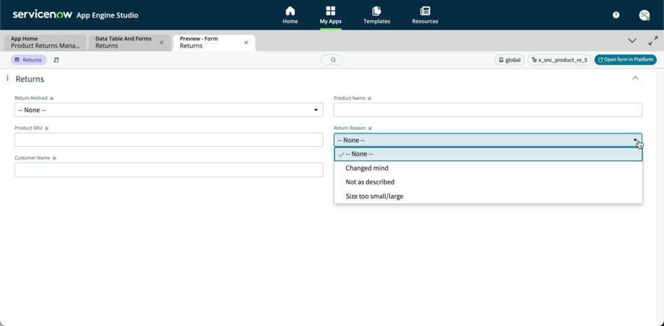 Form preview with a select field that displays the available choices.
