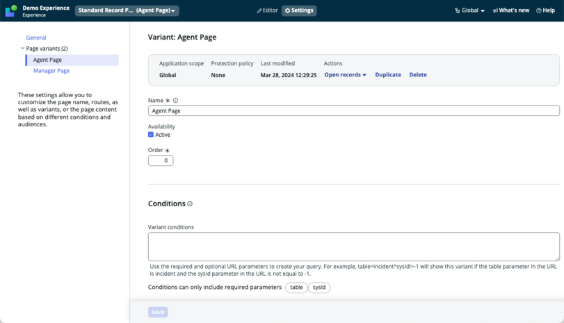 Edit page variant settings screen.