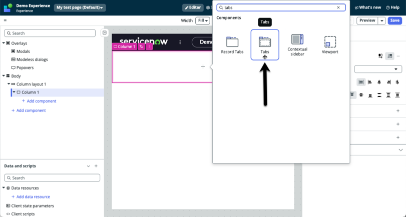 Arrow pointing to tabs component in the toolbox.