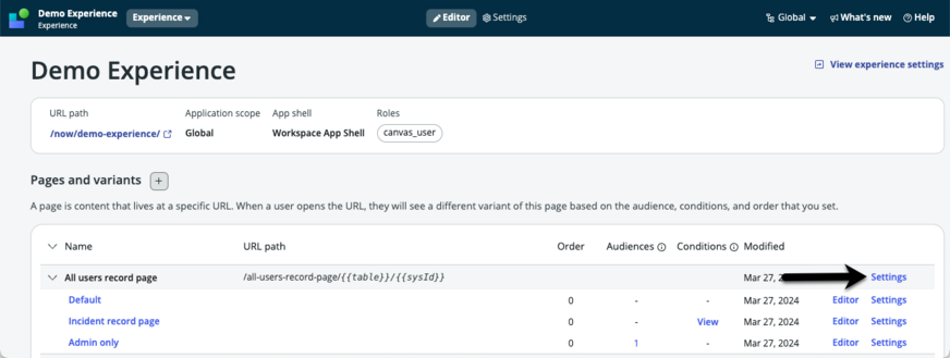 Arrow pointing to settings button to edit page settings.