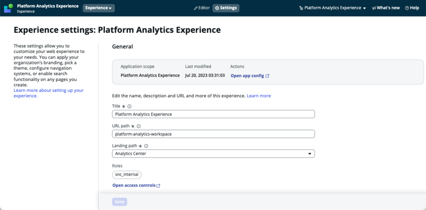 Platform Analytics Experience edit experience settings screen.
