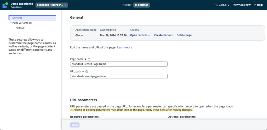 Page settings screen with page parameters help text highlighted.