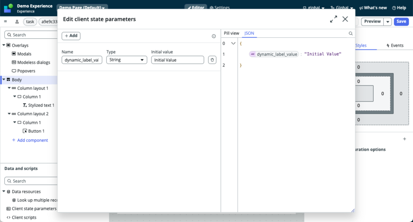 Client state with name Counter, Type as Number, and initial value of 0.