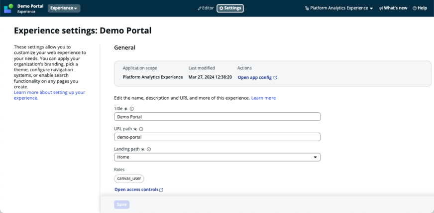 UI Builder experience general settings where you have fields for the title, URL path, and landing path.