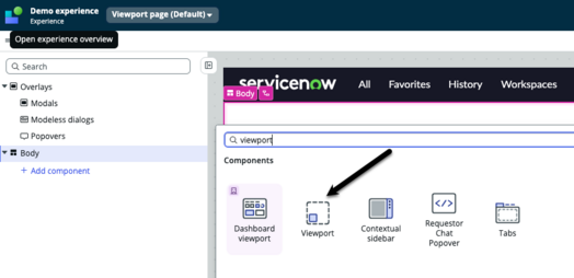 Toolbox with black arrow pointing to viewport component.