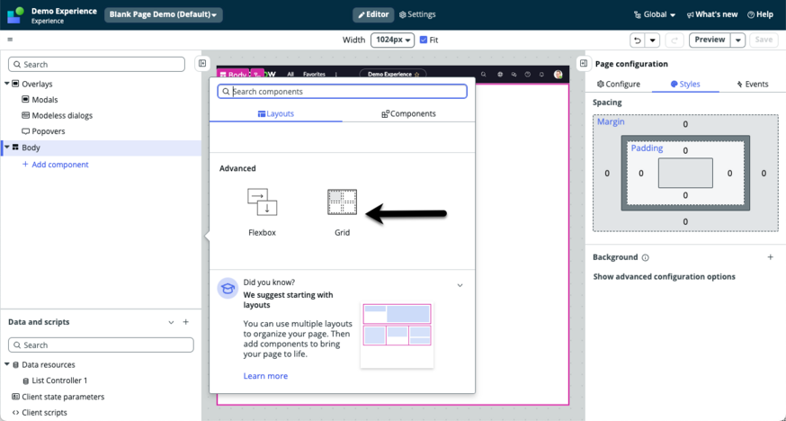 Arrow pointing to the Grid option in the layouts tab of the toolbox.