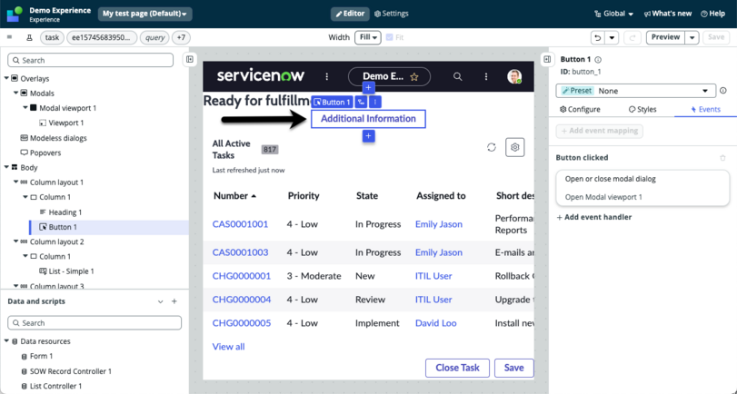 Arrow pointing to a button component used to open a viewport modal.