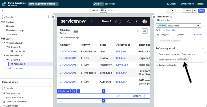 Disabled event in the configuration panel.