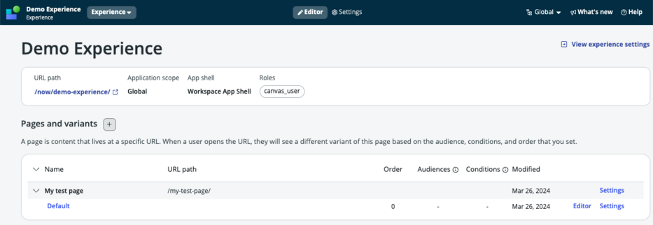 Demo experience Editor page.