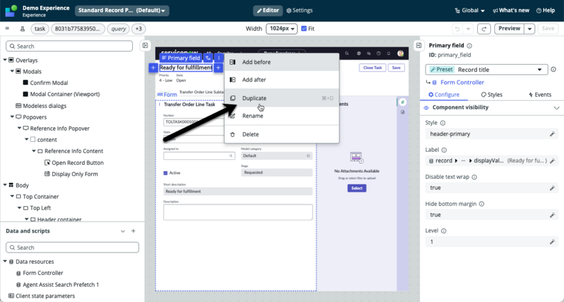 Arrow pointing to duplicate option on the component menu.