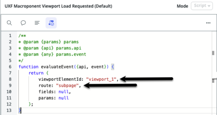 Code window with black arrows pointing to viewport element id and route lines.