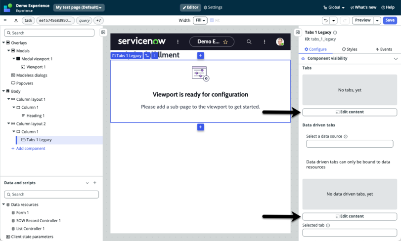 Arrow pointing to the edit content button in the configure tab.