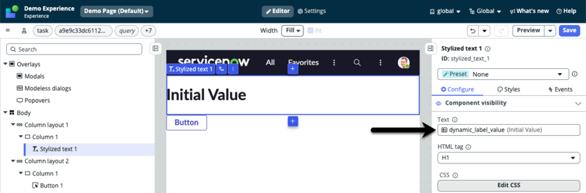 Client state binding value in the Configure panel.