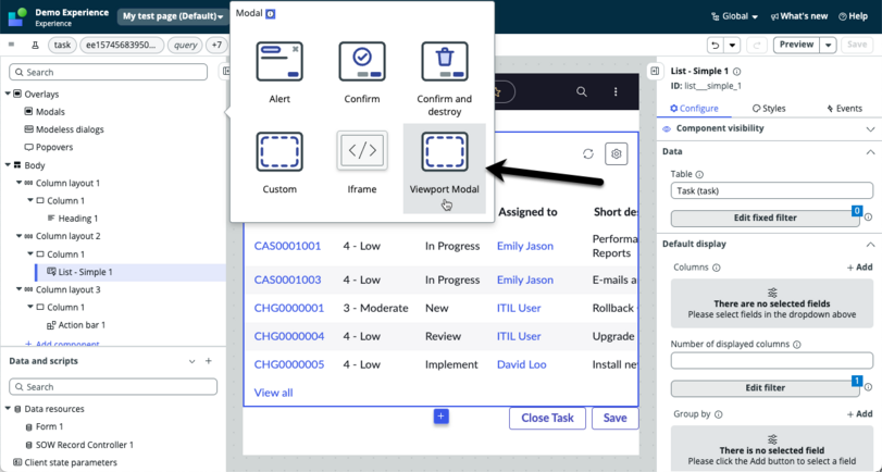 Pointer selecting the viewport modal in the modal list.