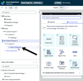 Black arrow pointing to + add component option in content tree next to the toolbox window with Components tab selected.