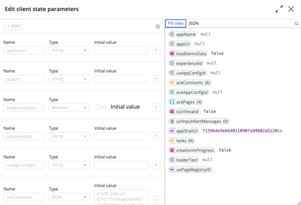 Client state parameters found in the data shelf.