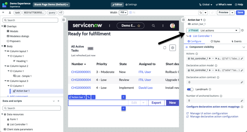The default component preset displays in the preset drop-down.