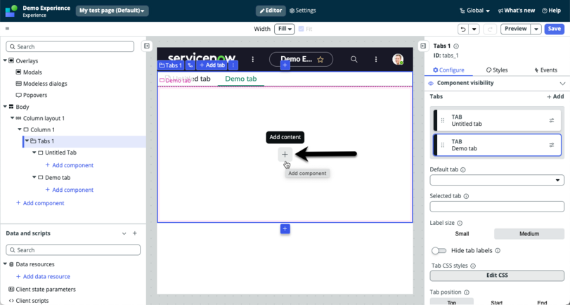 Arrow pointing to the + icon to add a component to the demo tab.