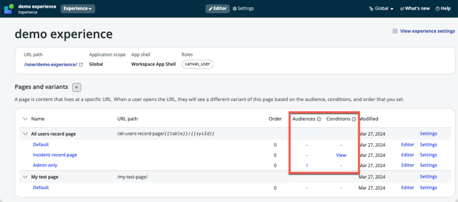 Incident record page in Demo Experience Editor page.