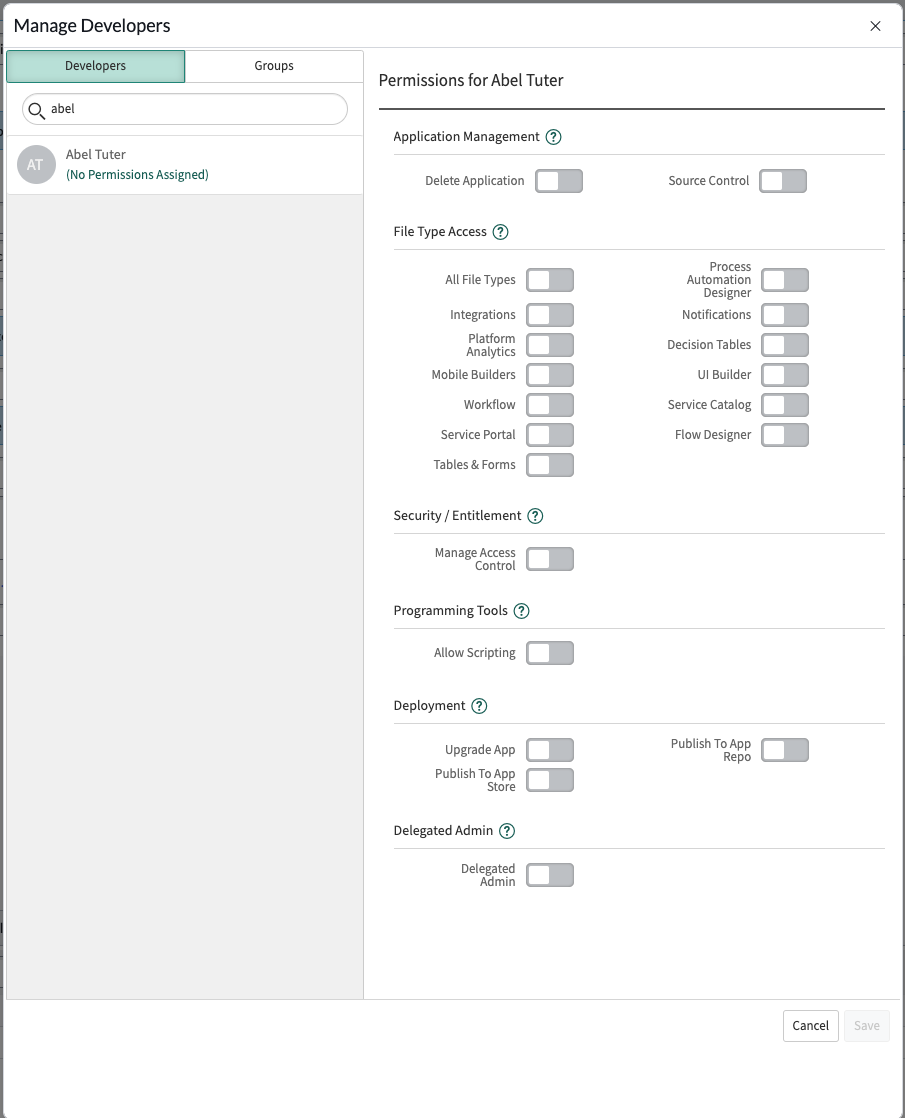 Manage developers permissions.