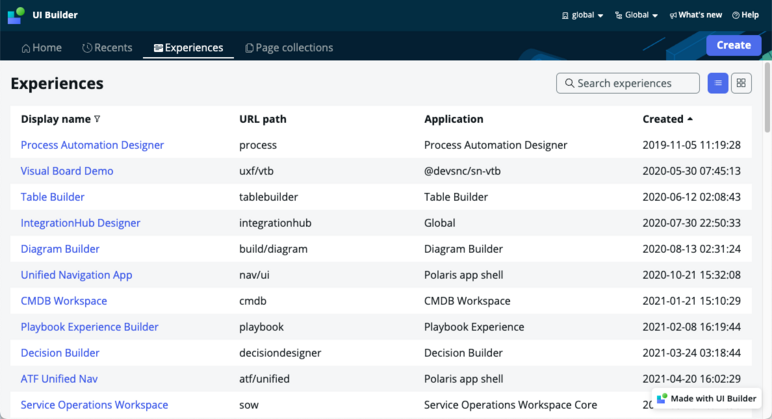 List of experiences on the UI Builder homepage.