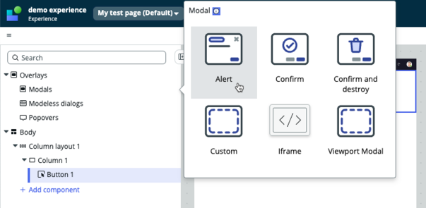 Modals panel with Alert modal selected.