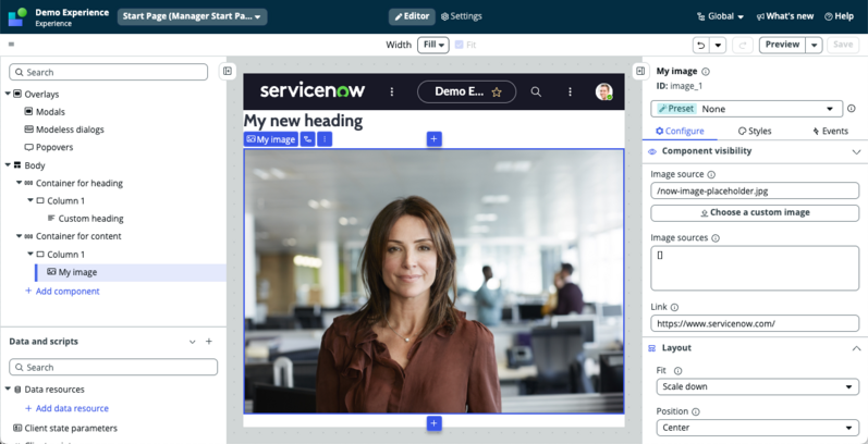 UI Builder page showing the image component added to the column layout.