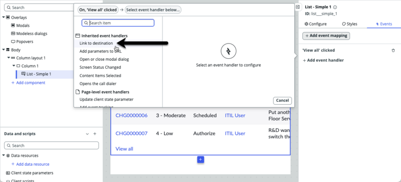 Arrow pointing to the link to destination inherited event handler.