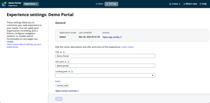 Portal edit experience settings screen.