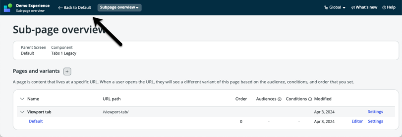 Arrow pointing to Back to Default link in the UI Builder header.