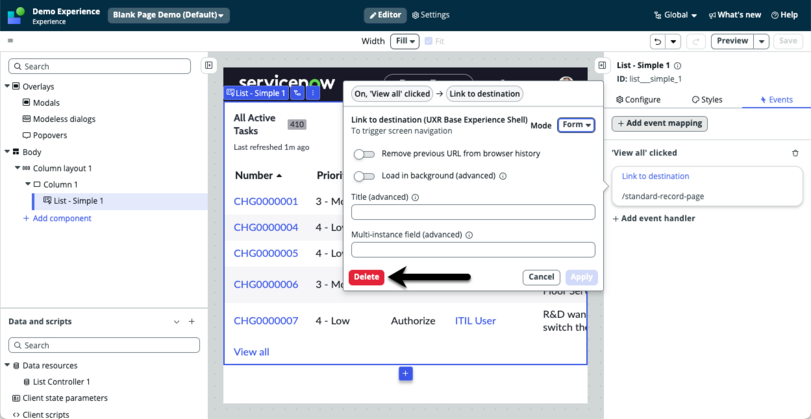 Arrow pointing to the delete button to delete an event handler.