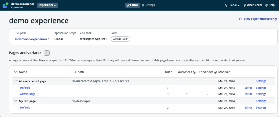 Demo Experience Editor page.