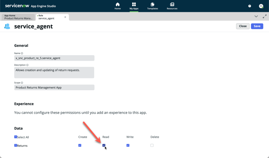 Role page with create, read, and write permissions enabled.