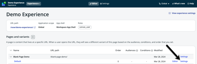 Arrow pointing to variant settings link to edit page variant settings.