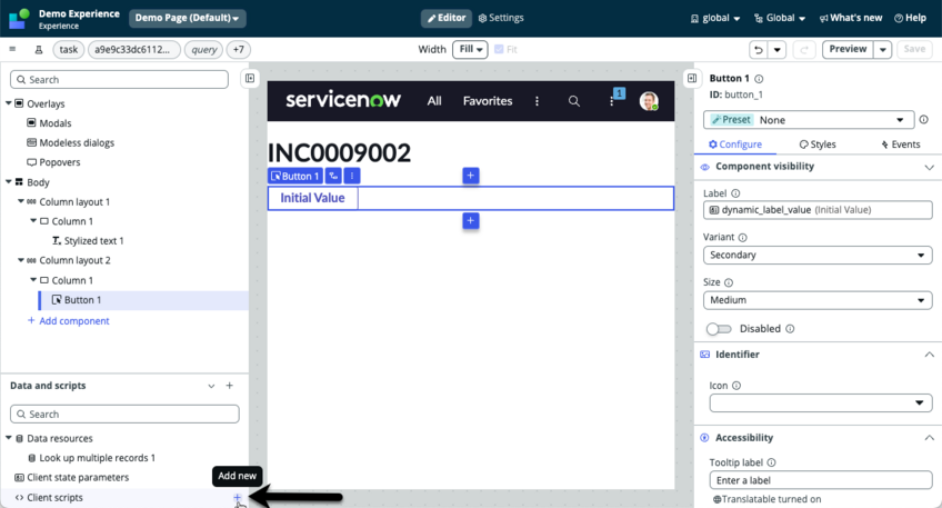 Arrow pointing to the + icon next to client scripts in the UI Builder data drawer.