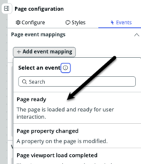 Configure panel with events tab displayed and black arrow pointing to page ready option.