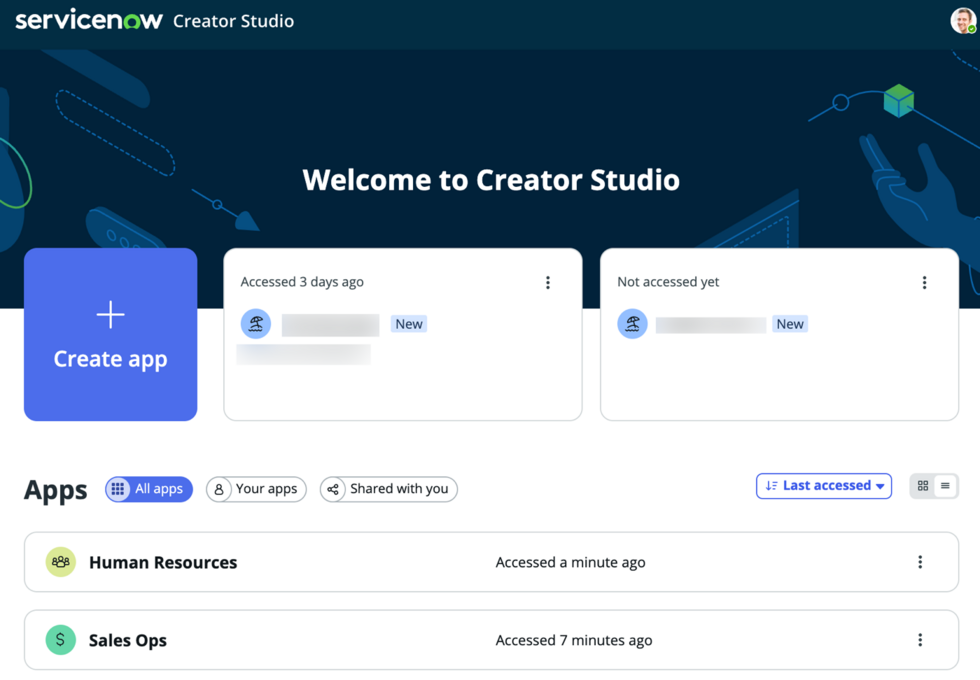 Creator Studio home page with all apps shown in a list