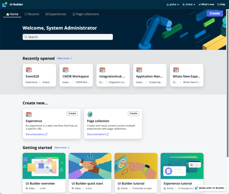 UI Builder Home page.