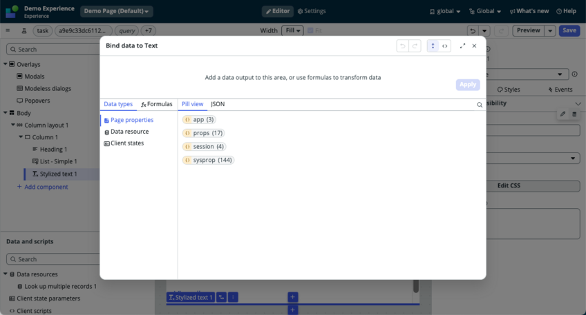 Data binding modal showing available data.