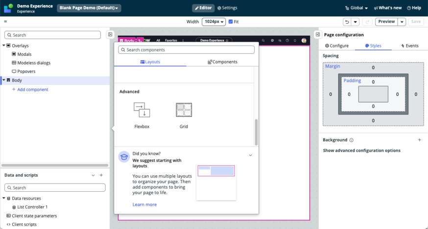 Arrow pointing to the Flexbox option on the layouts tab of the toolbox.