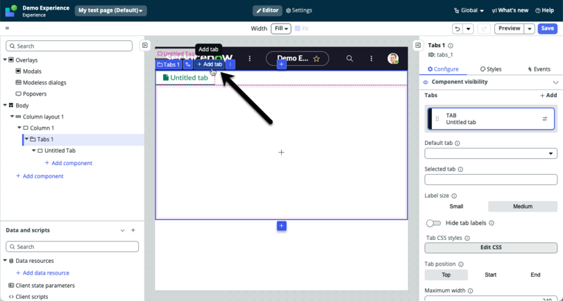 Arrow pointing to the tabs + add option in the configuration panel.