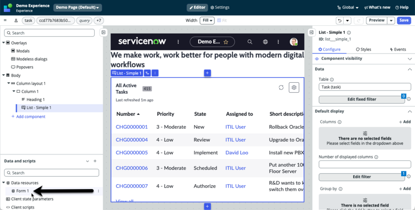 Form controller displays in the data resource section.
