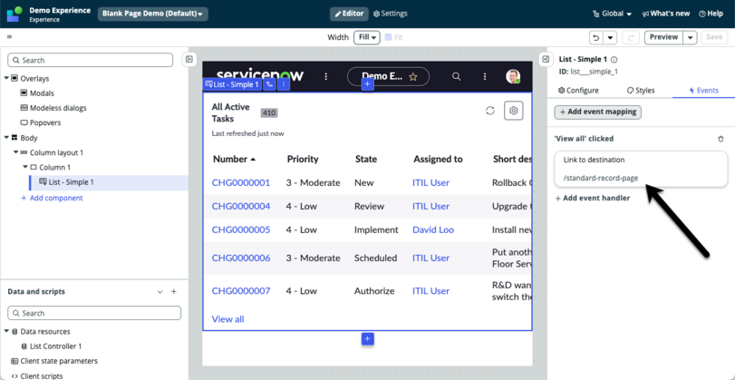 Arrow pointing to an event handler in the events tab.