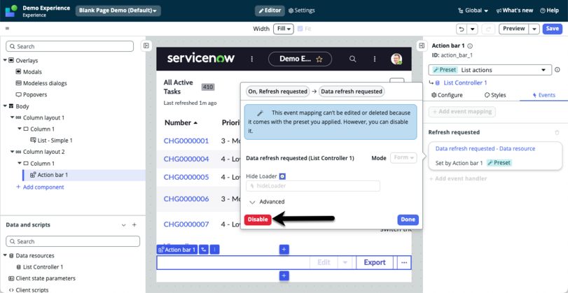 Arrow pointing to the disable preset event button.