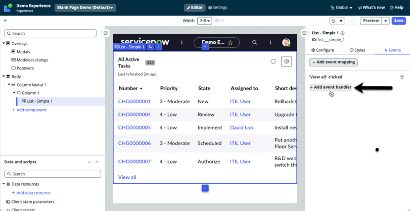 Arrow pointing to the + add event handler option.