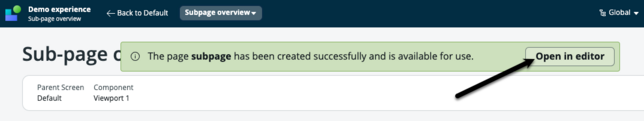Experience view with black arrow pointing to open in editor button within message at top.