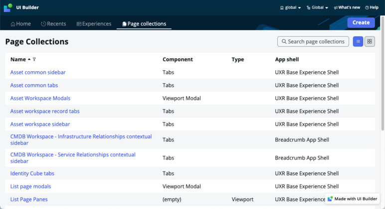 List of page collections on the UI Builder homepage.